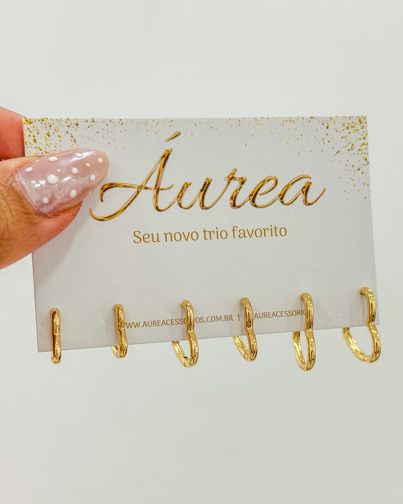 Trio de Argolas Coração Liso - Semijoia Folheada a Ouro 18k