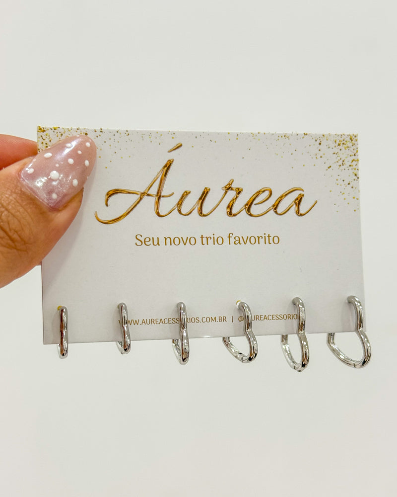 Trio de Argolas Coração Liso - Semijoia Folheada a Prata