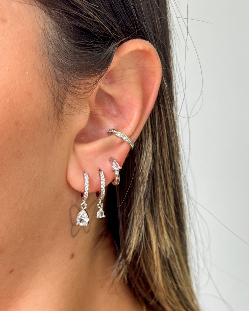 Trio de Brincos Argolas Pingente Gota - Semijoia Folheada a Prata