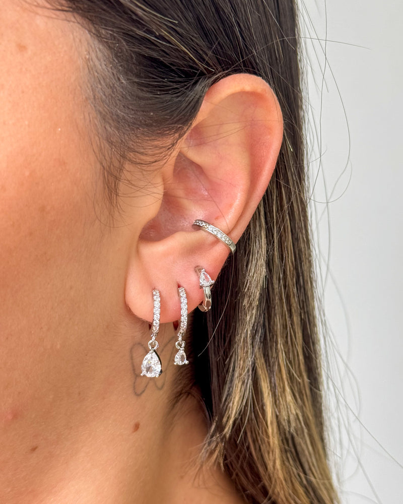 Trio de Brincos Argolas Pingente Gota - Semijoia Folheada a Prata