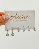 Trio de Brincos Argolas Pingente Círculo - Semijoia Folheada a Prata