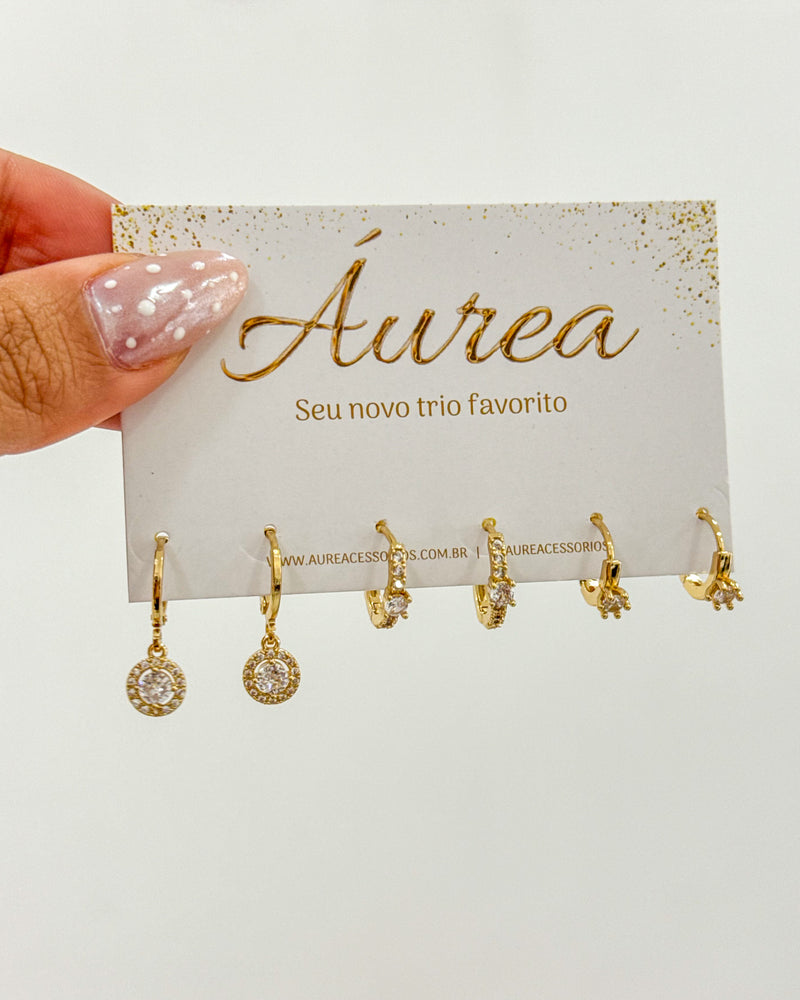 Trio de Brincos Argolas Pingente Círculo - Semijoia Folheada a Ouro 18k