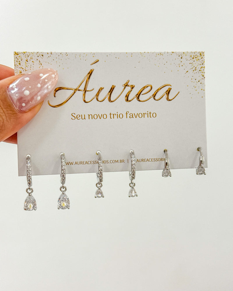 Trio de Brincos Argolas Pingente Gota - Semijoia Folheada a Prata