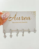 Trio de Brincos Argolas Pingente Coração - Semijoia Folheada a Prata