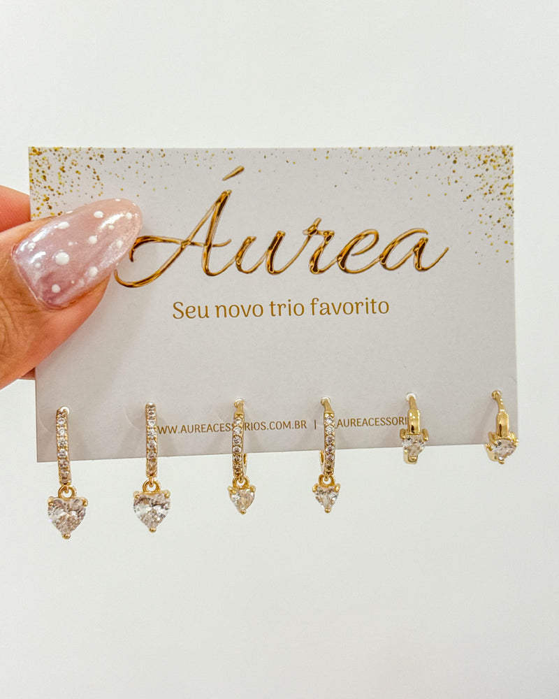 Trio de Brincos Argolas Pingente Coração - Semijoia Folheada a Ouro 18k