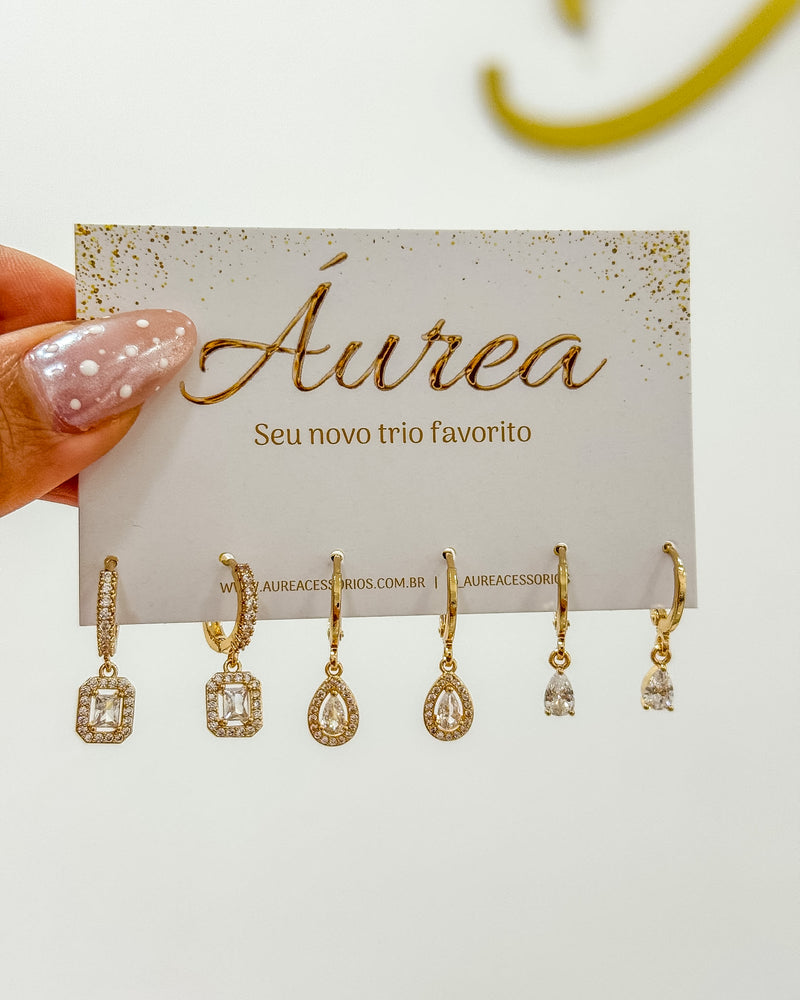 Trio de Argolas Pingentes Cravejados - Semijoia Folheada a Ouro 18k