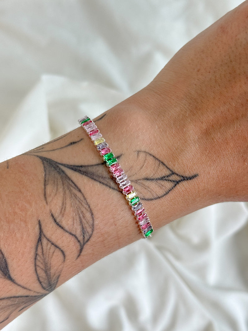 Pulseira Zircônia Baguete Colorida - Semijoia Folheada a Prata