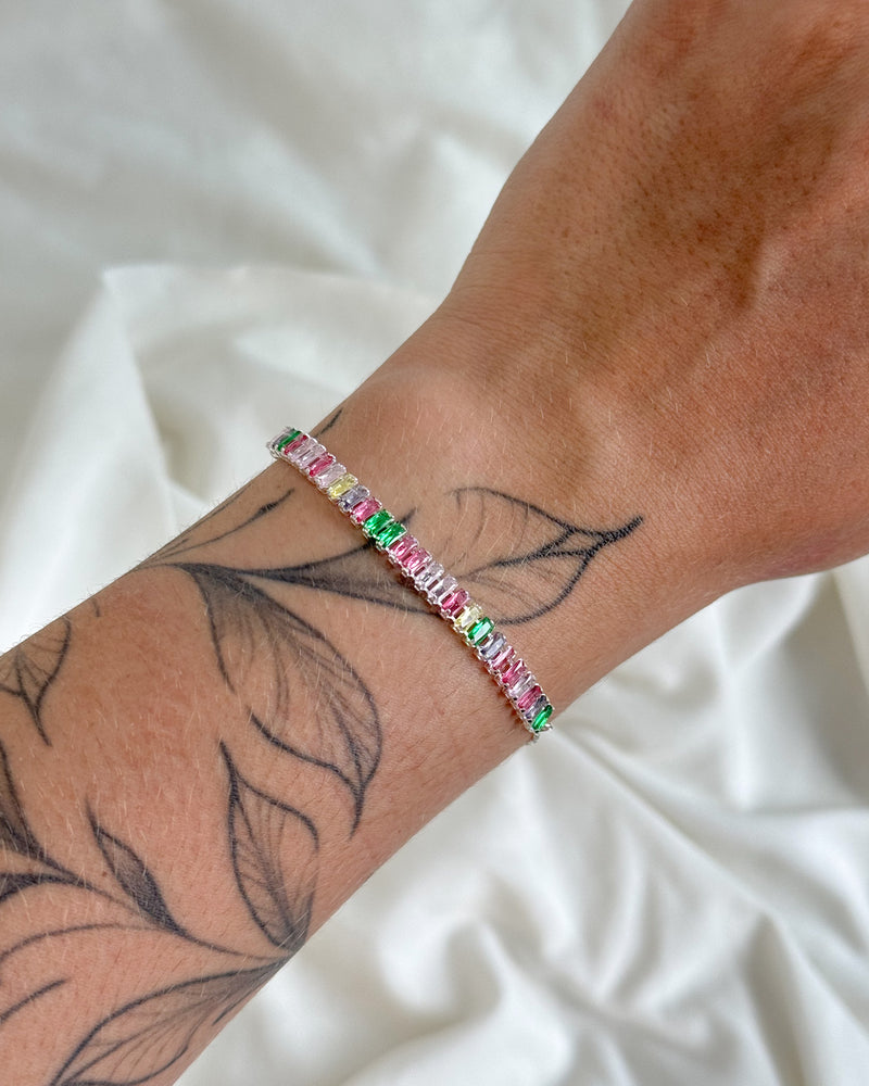 Pulseira Zircônia Baguete Colorida - Semijoia Folheada a Prata