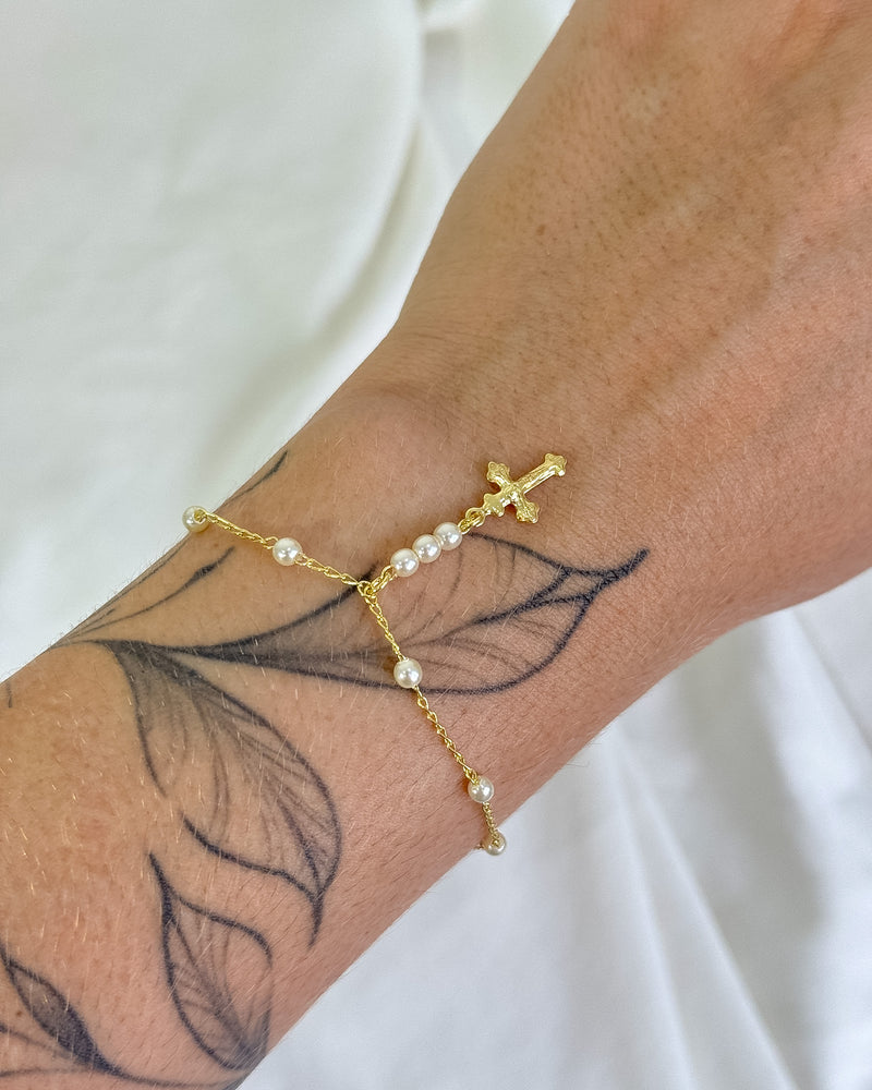 Pulseira Mini Terço Pérolas - Semijoia Banhado em Ouro 18k