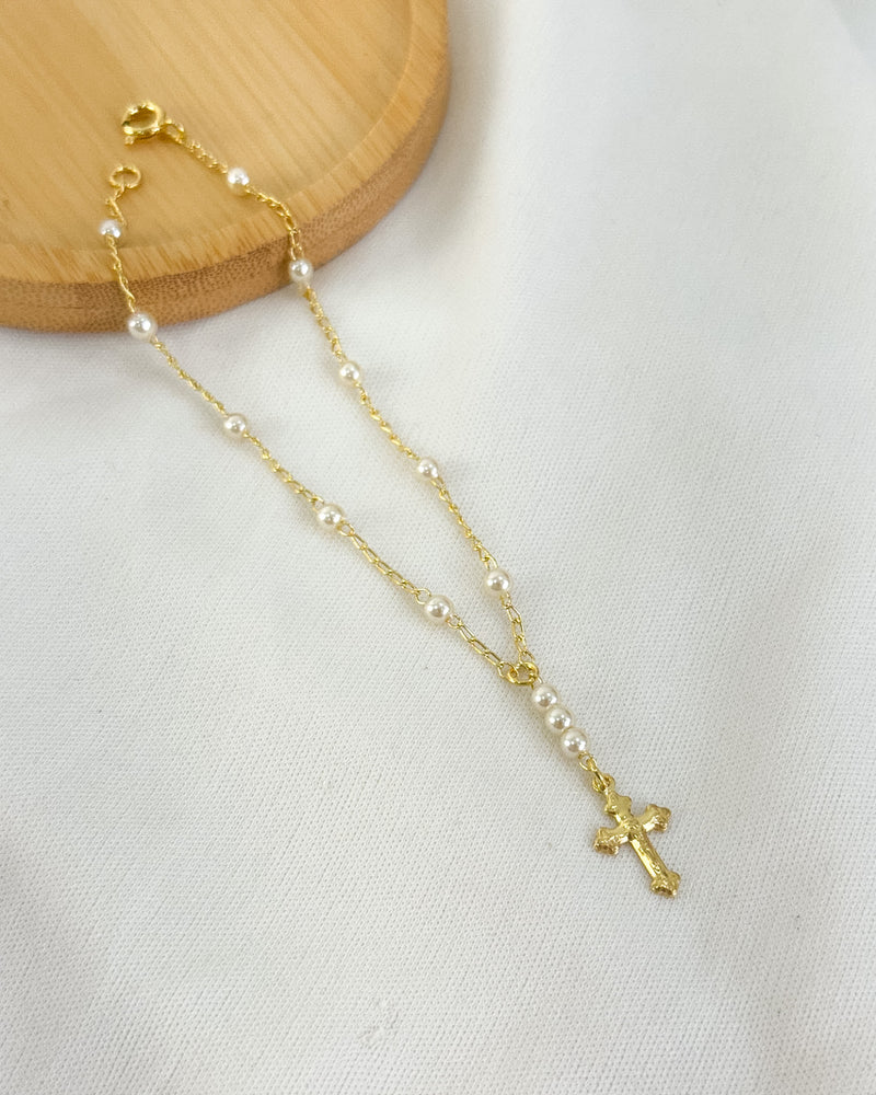 Pulseira Mini Terço Pérolas - Semijoia Banhado em Ouro 18k