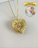 Kit Dia das Mães + Colar Relicário Coração Vazado + Foto Personalizada - Semijoia Banhado em Ouro 18k