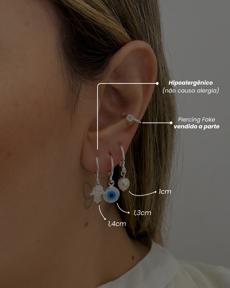 Trio de Argolas Mão Hamsa e Olho Grego - Semijoia Banhado a Prata