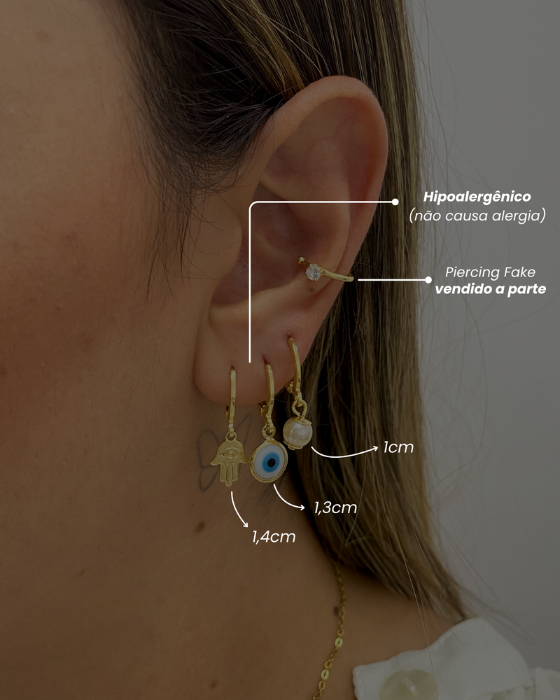 Trio de Argolas Mão Hamsa e Olho Grego - Semijoia Banhado em Ouro 18k