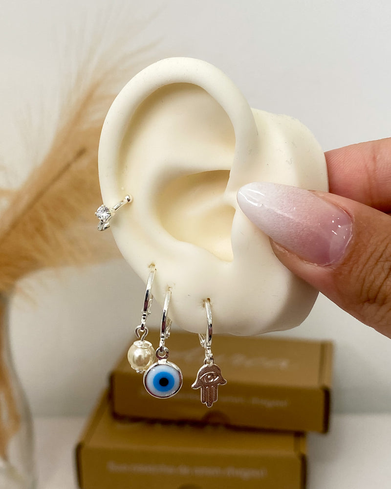 Trio de Argolas Mão Hamsa e Olho Grego - Prata - Áurea Acessórios