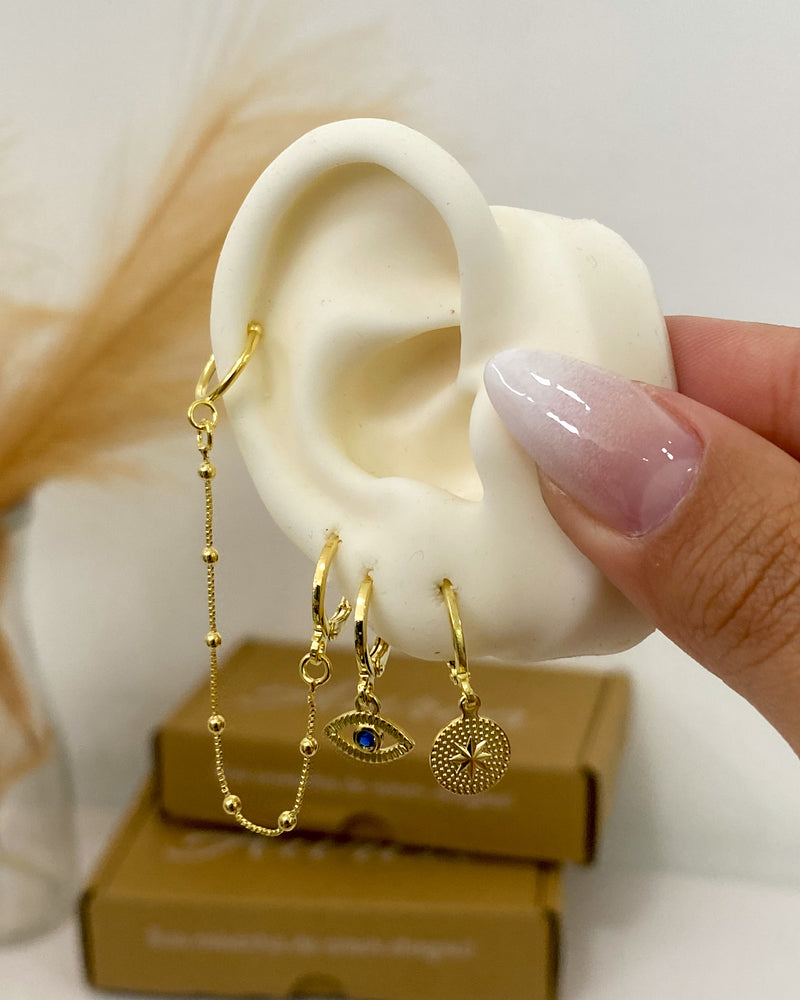 Trio de Argolas Olho Grego com Corrente - Dourado - Áurea Acessórios