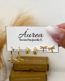 Trio de Brincos Abelha e Libélula - Dourado - Áurea Acessórios