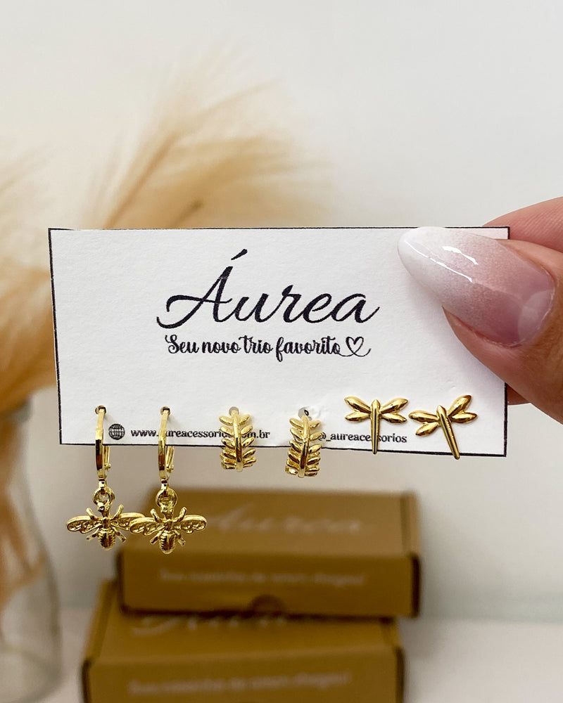 Trio de Brincos Abelha e Libélula - Dourado - Áurea Acessórios