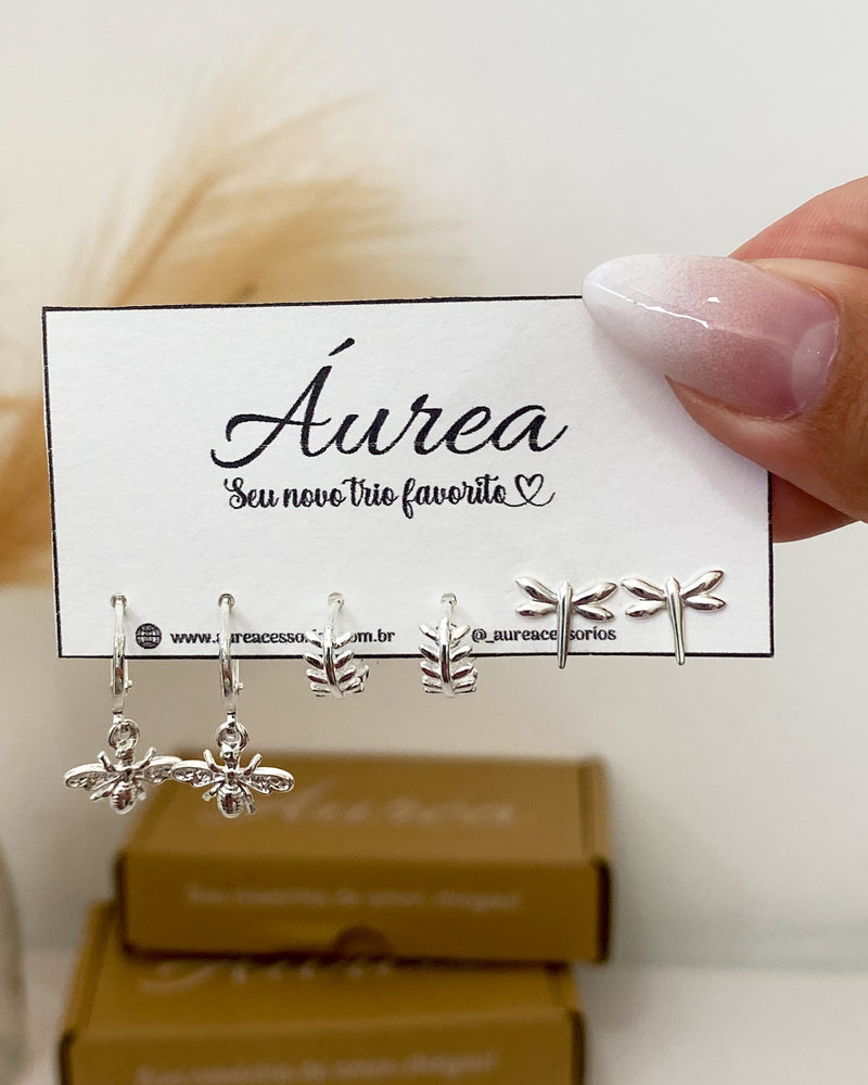 Trio de Brincos Abelha e Libélula - Prata - Áurea Acessórios