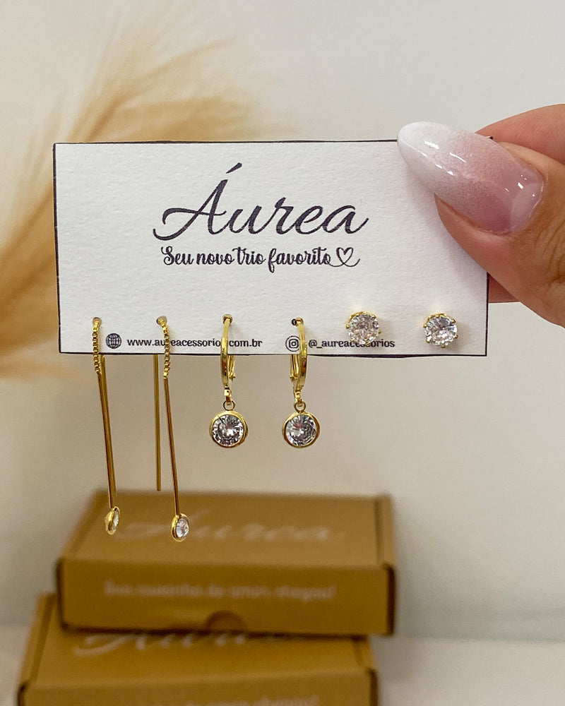 Trio de Brincos Agulha Zircônia - Dourado - Áurea Acessórios