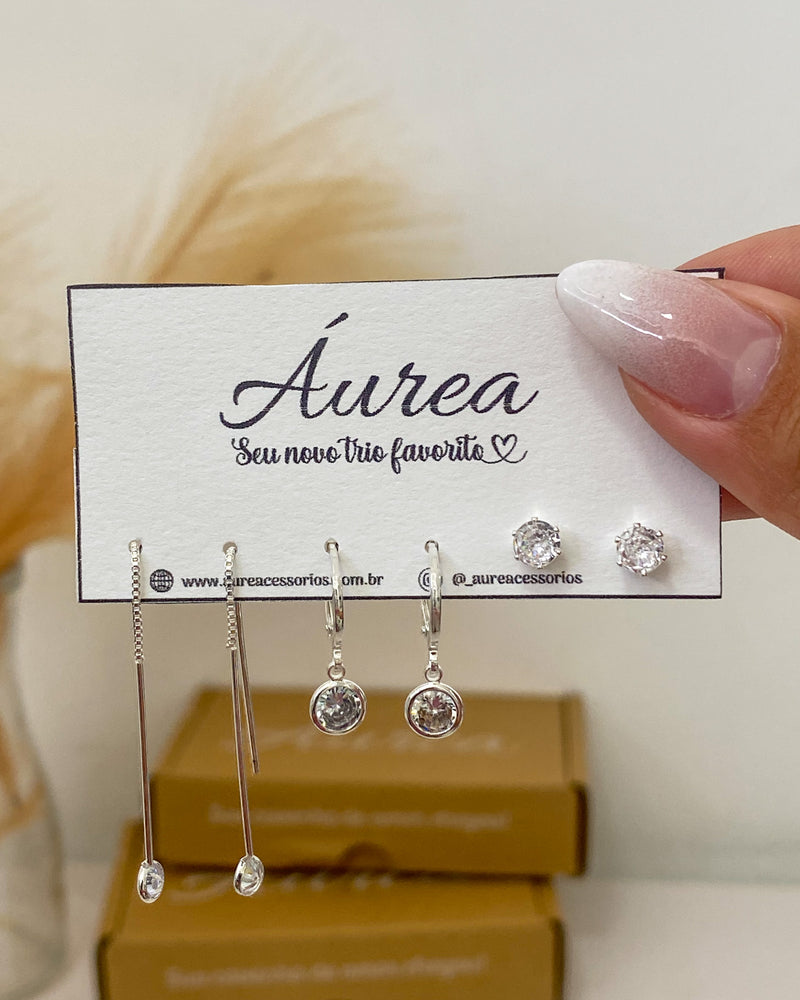 Trio de Brincos Agulha Zircônia - Prata - Áurea Acessórios
