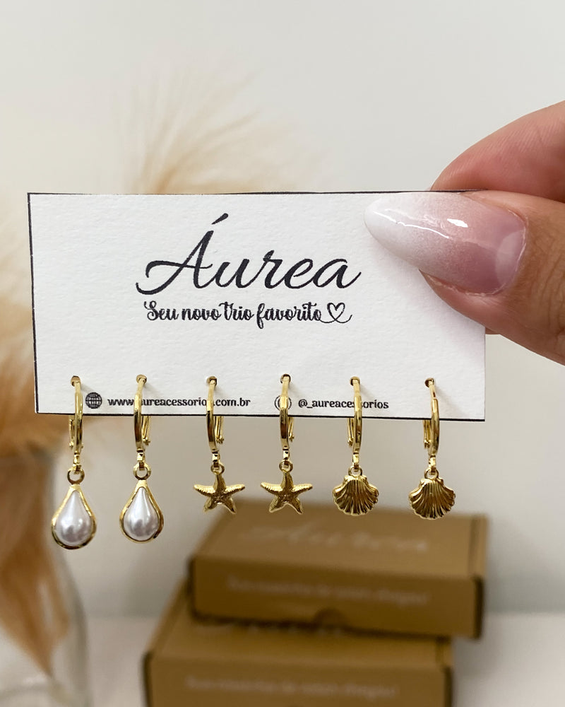 Trio de Brincos Mar - Dourado - Áurea Acessórios