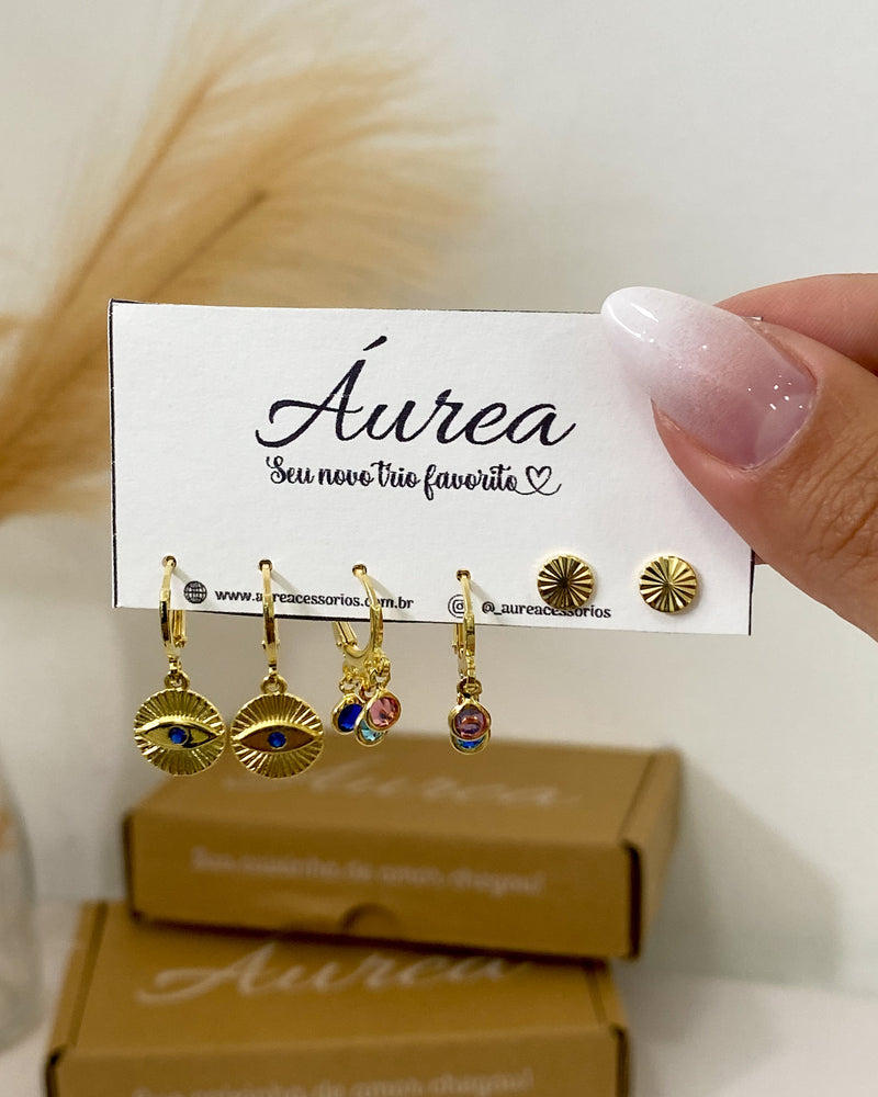 Trio de Brincos Medalha Olho Grego - Dourado - Áurea Acessórios