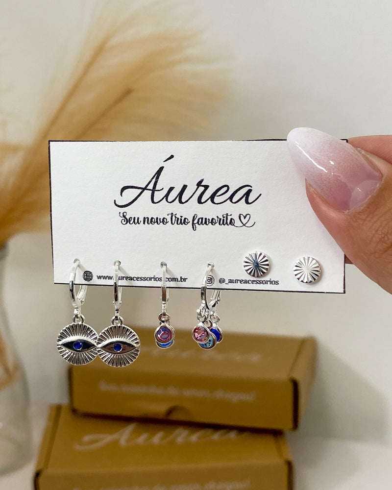 Trio de Brincos Medalha Olho Grego - Prata - Áurea Acessórios