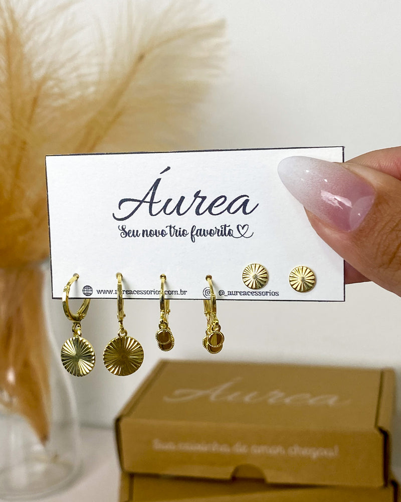 Trio de Brincos Medalhas - Dourado - Áurea Acessórios