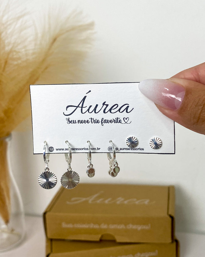 Trio de Brincos Medalhas - Prata - Áurea Acessórios