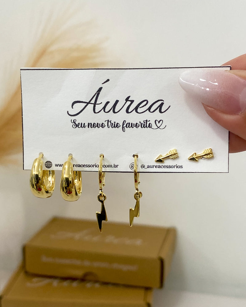 Trio de Brincos Raio - Dourado - Áurea Acessórios