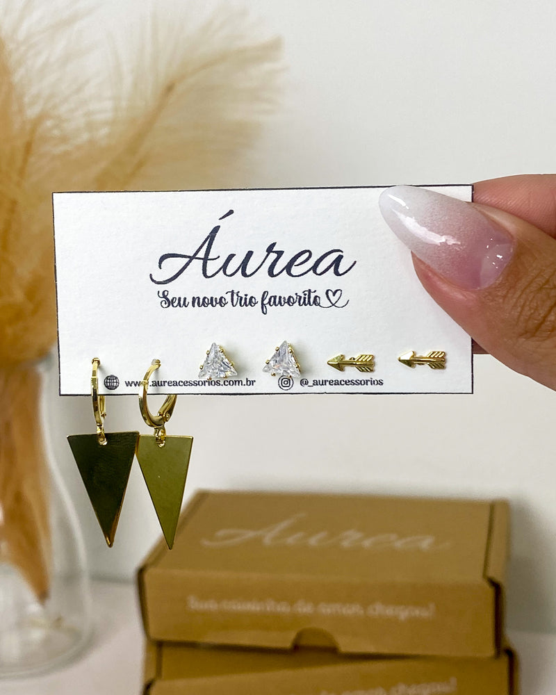 Trio de Brincos Triângulo Chapado - Dourado - Áurea Acessórios