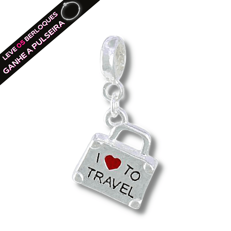 Berloque Pendurado Mala I Love Travel - Prata - Áurea Acessórios