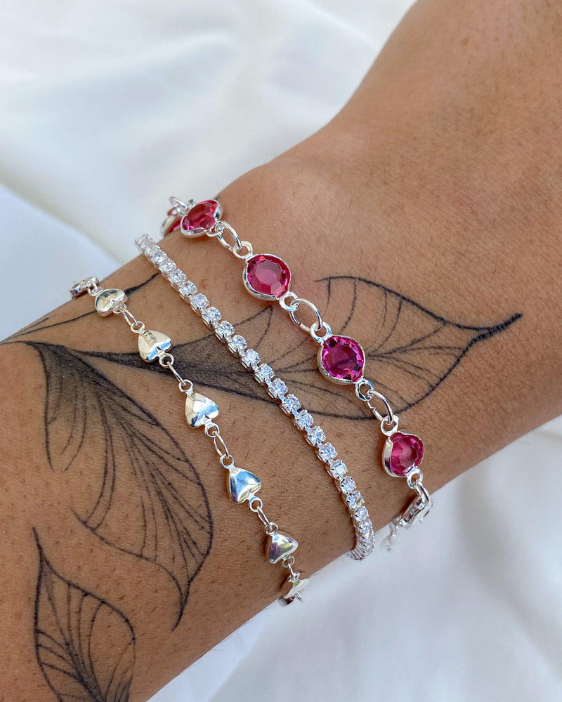 Conjunto de Pulseira Ponto de Luz Rosa + Coraçãozinho + Rivera - Prata - Áurea Acessórios