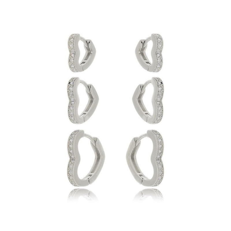 Trio de Brincos Coração Vazado Cravejado - Prata - Áurea Acessórios